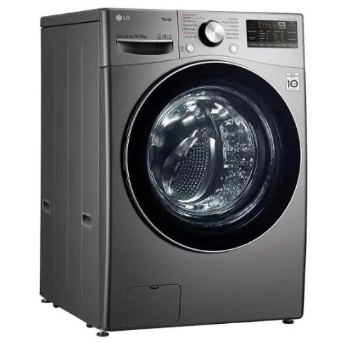 Máquina de lavar e secar de aço escovado, com regulador giratório prata, vidro com borda preta e painel LCD pequeno