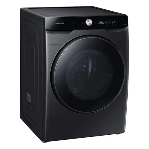 Máquina de lavar e secar preta, com painel digital grande, regulador giratório prata e vidro preto opaco