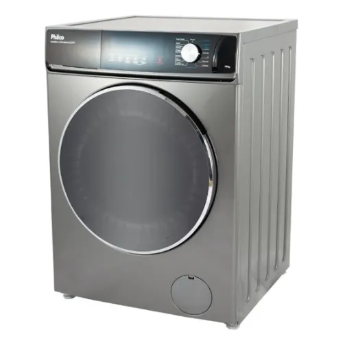 Máquina de lavar e secar inox, com vidro preto opaco e painel digital grande, com regulador giratório na direita