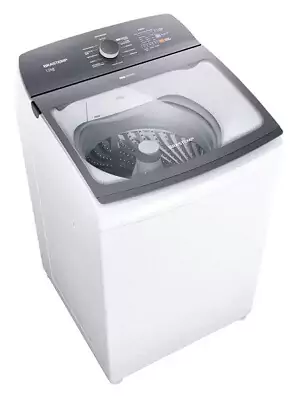 Máquina de lavar com laterais brancas e painel de controle cinza, com botões digitais