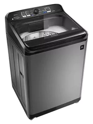Máquina de lavar com laterais cinzas, com painel de controle preto e botões digitais, com cesto inox
