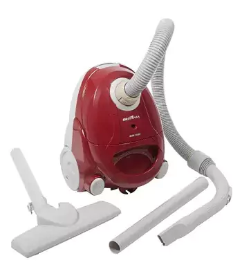Aspirador de Pó vermelho, com frente sem botões e acessórios brancos