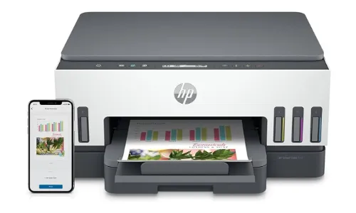 Impressora tanque de tinta retangular, pequena e branca, com saída de papel central