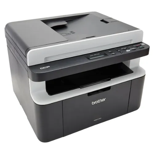 Impressora laser pequena e quadrada, com painel superior e acabamento preto e cinza