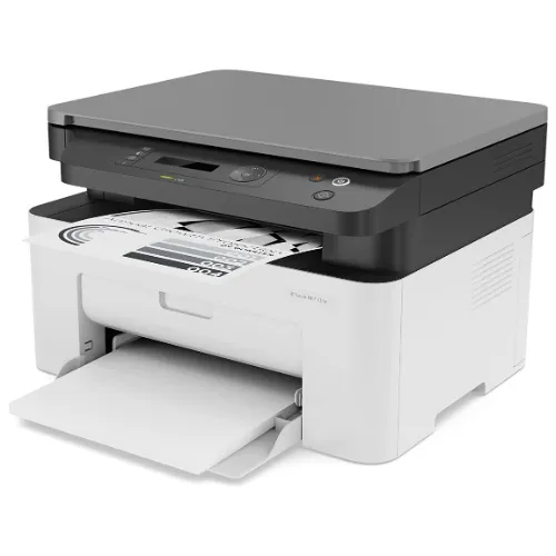 Impressora laser média, com acabamento superior preto e base branca