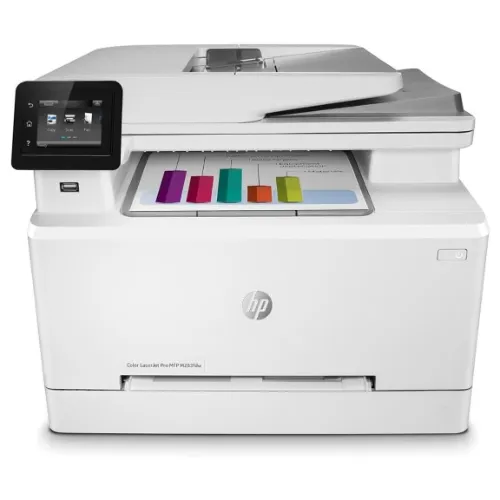 Impressora laser colorida branca e grande, com duas bandejas e painel de controle pequeno a esquerda