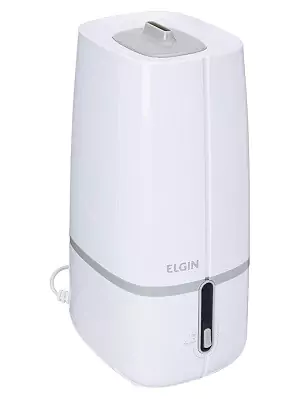 Umidificador de ar em formato cilíndrico estreito, com corpo todo branco, saída de névoa fixa no alto e botão único