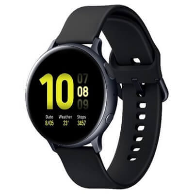 Smartwatch Samsung Galaxy Active 2 de fivela preta com corpo redondo, e mostrador com grafismos verdes e grandes.
