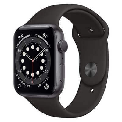 Smartwatch Apple Watch Series 6 com fivela de silicone preta, com caixa quadrada com laterais em preto