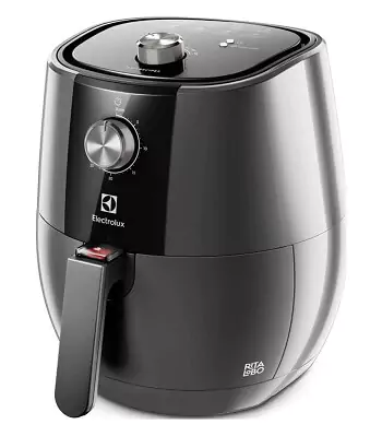 Fritadeira Air Fryer com base redonda, toda na cor cinza, base estreita e botão de ajuste prata
