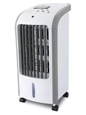 Climatizador de ar branco e pequeno, com saída de ar grande, com aletas grandes e verticais e painel cinza