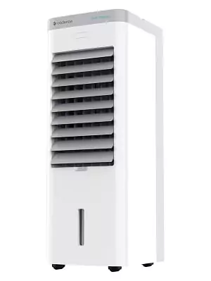 Climatizador de ar com frente branca e parte traseira cinza, com painel de botões redondos e saída de ar grande