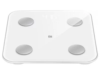 Balança de Bioimpedância Xiaomi Mi Scale 2 branca com cobertura em vidro, quatro eletrodos cinzas e visor invisível.