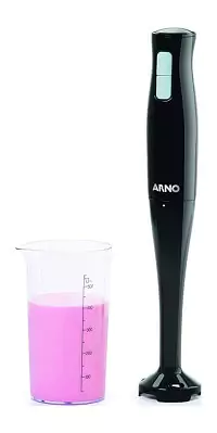 Mixer de mão Arno Duo MX21 totalmente em plástico preto, com copo misturador ao lado.