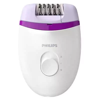 Depilador elétrico Philips Satinelle BRE225 de formato oval, pequeno, de base branca e cabeçote lilás.