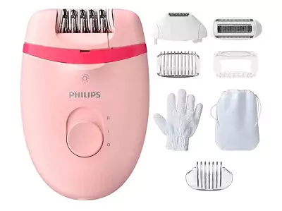 Depilador feminino Philips Satinelle BRE285 pequeno de formato oval, com corpo e cabeçote da cor rosa, com acessórios ao lado direito.