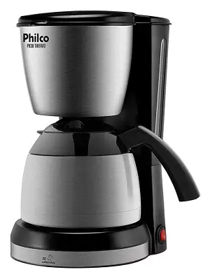 Cafeteira elétrica Philco PH30 Thermo, com base em plástico preto, parte superior toda em inox, jarra térmica em inox com pegador grande.