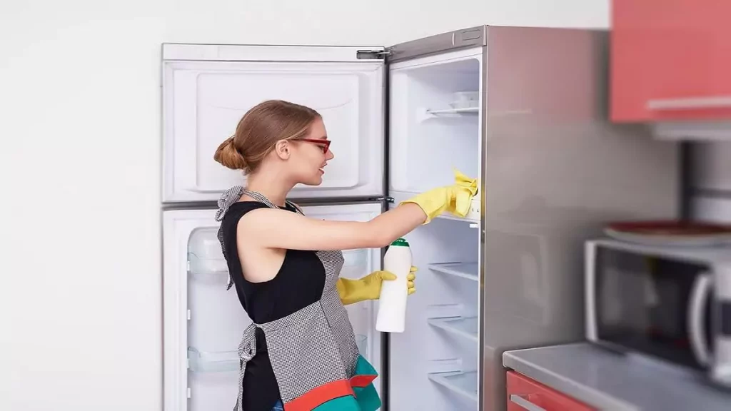 Abertura do post sobre como limpar geladeira: Mulher limpando geladeira inox