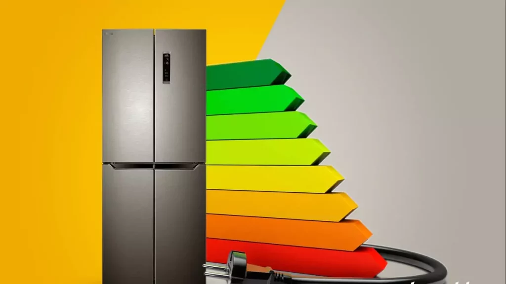 Abertura do post sobre o que é geladeira inverter: Ilustração de geladeira ao lado de desenho de gasto energético
