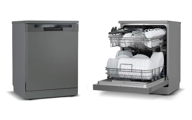 Máquina de lava-louças alta e estreita, na cor grafite, painel digital estreito e puxador integrado