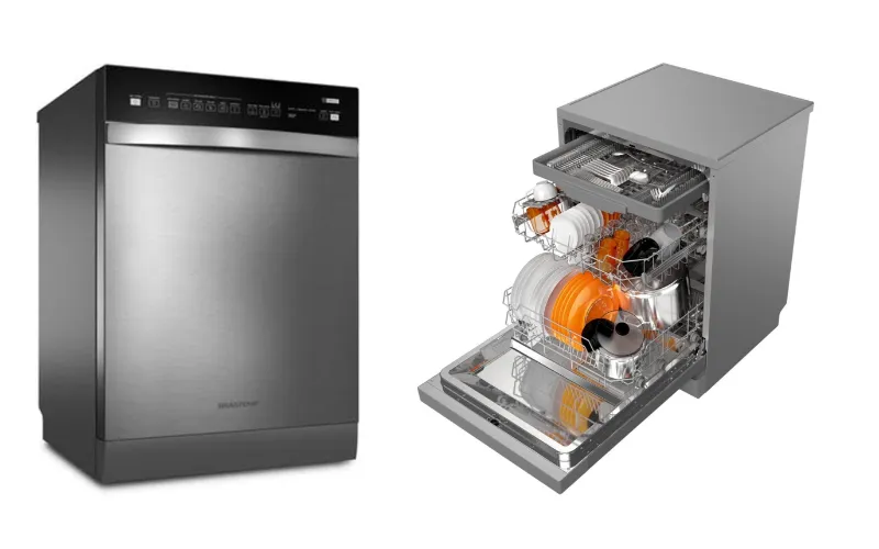 Máquina lava-louças da cor titanium, com puxador em aço escovado e painel digital grande, preto e inteiriço