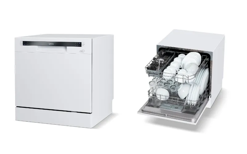Máquina de lavar louças quadrada, pequena e larga toda branca com painel bem fino